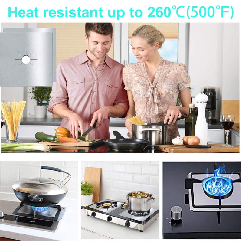 MSDADA Gas Stove Covers,8 Pcs 0.2mm 10.6" x 10.6" Gas Range Protectors with 2 Pcs Kitchen Silicone Gap Cover, Double Thickness, Non-Stick, Reusable And Dishwasher Safeï¼ˆSilverï¼‰ - Image 2
